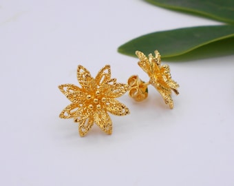 23K Gold Plated Flower Stud Earrings, Delicate Thai Brass Jewelry, Minimalist Floral Daily,DDP