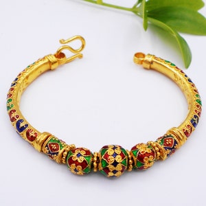 Enamel Beaded Thai Bangle Bracelet: 24K Gold Plated, 7 Inch