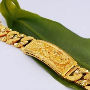 Thai Jewelry Gold Dragon Bangle Bracelet 22K 23K 24K Thai Baht Yellow Gold Plated Men&#39;s Jewelry  Handmade From Thailand For Him