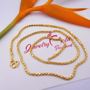3 MM Necklace Gold Bar Chain Link 22K 23K 24K Thai Baht Yellow Gold Plated For Women Men&#39;s Jewelry, Amulet Buddha  20,24 inch From Thailand