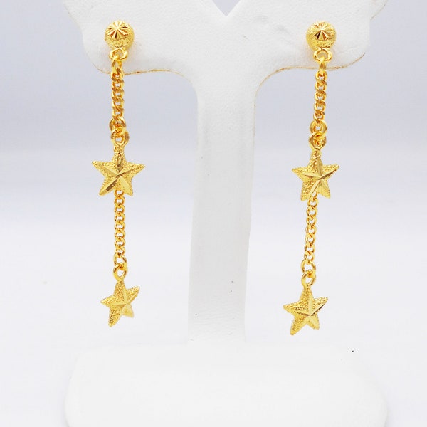 Thai Jewelry Star Earrings Drop Dangle 22K 23K 24K Thai Baht Yellow Gold Plated For Her Handmade Jewelry Women, Girls From Thailand Gift Her