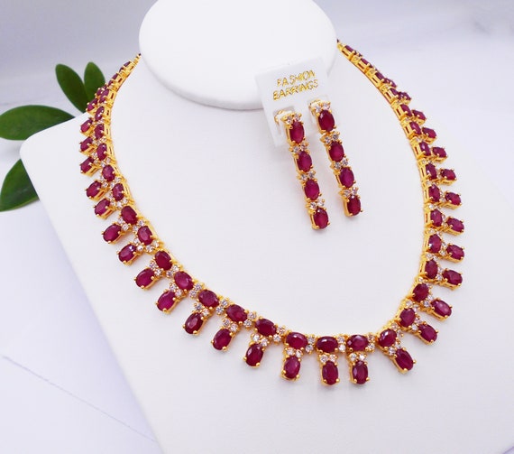 Set Gems Ruby Red Necklace Earrings Gold 24K Thai Baht Yellow Gold Plated Women Jewelry wedding Jewelry bridal gift for Her from Thailand Etsy