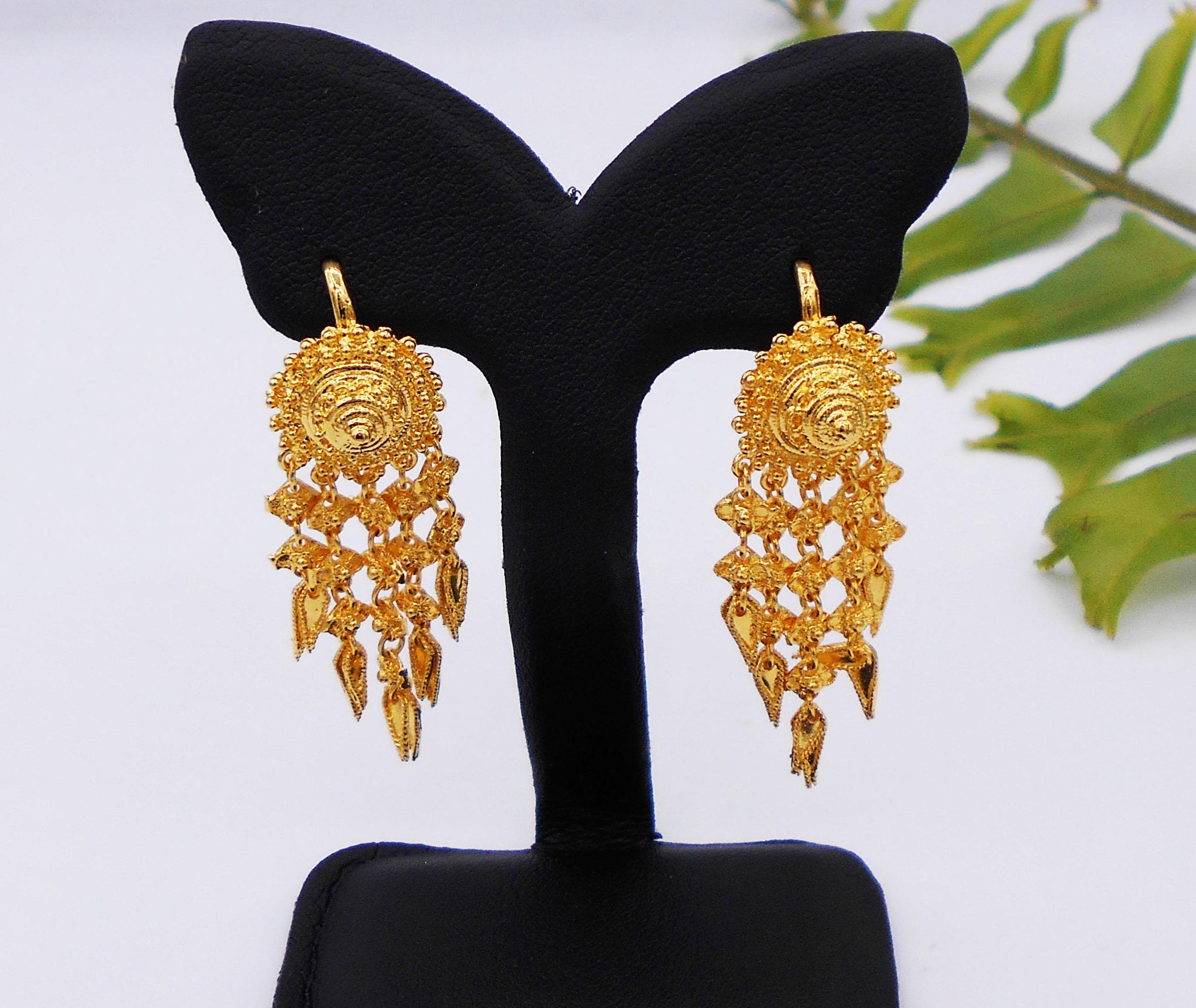 Handmade Thai Gold Plated Dangle Earrings: Traditional Wedding Jewelry