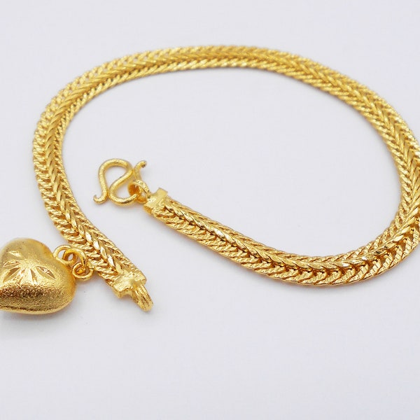 Link Bracelet Bangle 22K 23K Thai Baht Yellow Gold Plated,Jewelry For Women,Girl Size 6.7 Inch Gift Handmade From Thailand