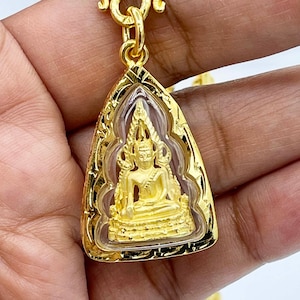 Thai Buddha Amulet, Gold Plated Phra Pendant with Case