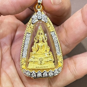 Phra Phuttha Chinnarat Gold Plated Pendant: Thai Buddha Amulet with CZ