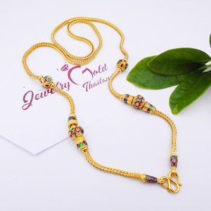 Enamel Bead Thai Necklace: 23K Gold Plated, Handmade 24-inch