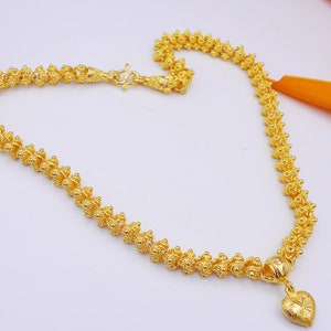 Thai Baht Gold Plated Heart Pendant Necklace - Handmade Brass Jewelry