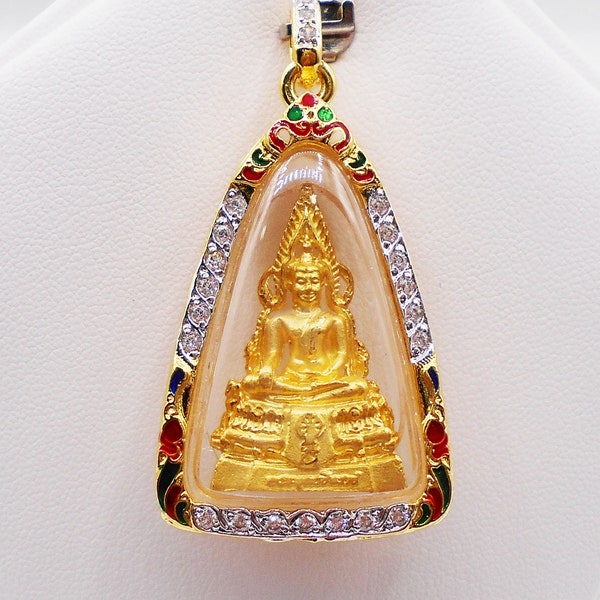 Phra Phuttha Chinnarat Enamel Gold Pendant Charm Thai Buddha Amulet With Case 22k Thai Baht Yellow Gold Plated & Diamond CZ Jewelry