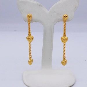 Thai Jewelry Heart Earrings Drop Dangle Stud 22K 23K 24K Thai Baht Yellow Gold Plated For Her Handmade Jewelry Women, Girls From Thailand