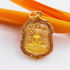 Phra Sothorn Buddha Amulet: 23k Gold Plated Thai Pendant with Case