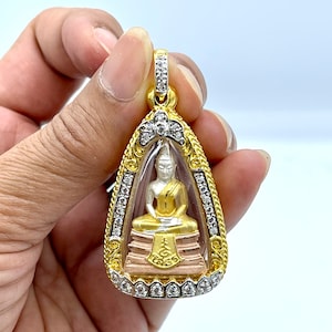 Thai Buddha Amulet Pendant: 22k Gold Plated Charm with CZ