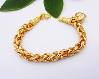 Thai Baht Gold Plated Bangle Bracelet Jewelry: 24K Gold, Braided Heart, 7 Inch