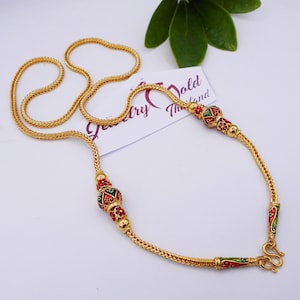 Enamel Sukhothai Style Necklace: 23K Gold Plated Thai Baht Jewelry, 24 Inch