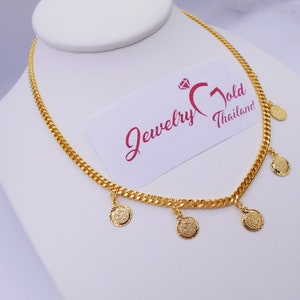 Thai Baht Coin Charm Necklace: 23K Gold Plated Women&#39;s Jewelry