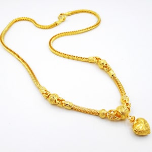 Heart Charm Necklace 22K 23K 24K Thai Baht Yellow Gold Plated Choker Women Jewelry Wedding Jewelry, 20 Inch Gift For Her