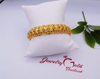 Handmade Thai Gold Plated Bangle Bracelet: Floral Design, 24K Style ,Delivered Duty Paid