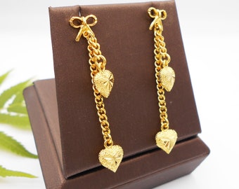 Handmade Thai Gold Plated Dangle Earrings: Heart Drop Jewelry