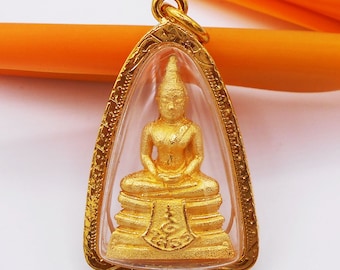 Phra Sothorn Thai Buddha Amulet Pendant: 22k Gold Plated with Case ,Delivered Duty Paid