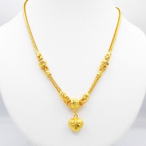 Heart Charm Necklace 22K 23K 24K Thai Baht Yellow Gold Plated Choker Women Jewelry Wedding Jewelry, 20 Inch Gift For Her