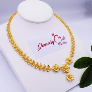 Thai Baht Gold Flower Necklace Pendant: 23K Gold Plated Brass Choker