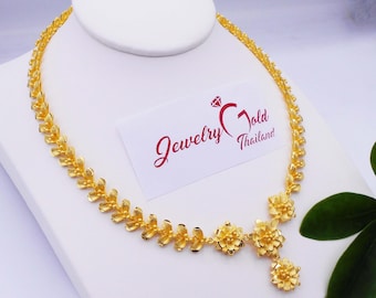 Thai Baht Gold Flower Necklace Pendant: 23K Gold Plated Brass Choker ,Delivered Duty Paid