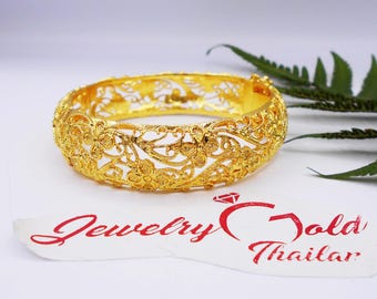 Flower Carve Thai Bangle: 24K Gold Plated Brass Bracelet ,Delivered Duty Paid