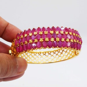 Red Ruby Bracelet Bangle Gold 24K Gem Thai Baht Yellow Gold Plated Women Girl Jewelry,Wedding,Gift For MOM ,From Thailand