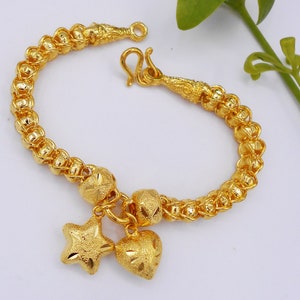 Thai Baht Gold Plated Bangle: Handmade Beaded Star & Heart Charm Bracelet, 7 Inch