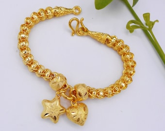 Thai Gold Plated Bangle: Beaded Star & Heart Charm Bracelet, 7 Inch