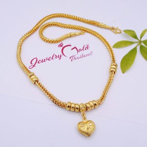 Thai Baht Gold Plated Heart Pendant Necklace - Handmade 20&quot; Choker