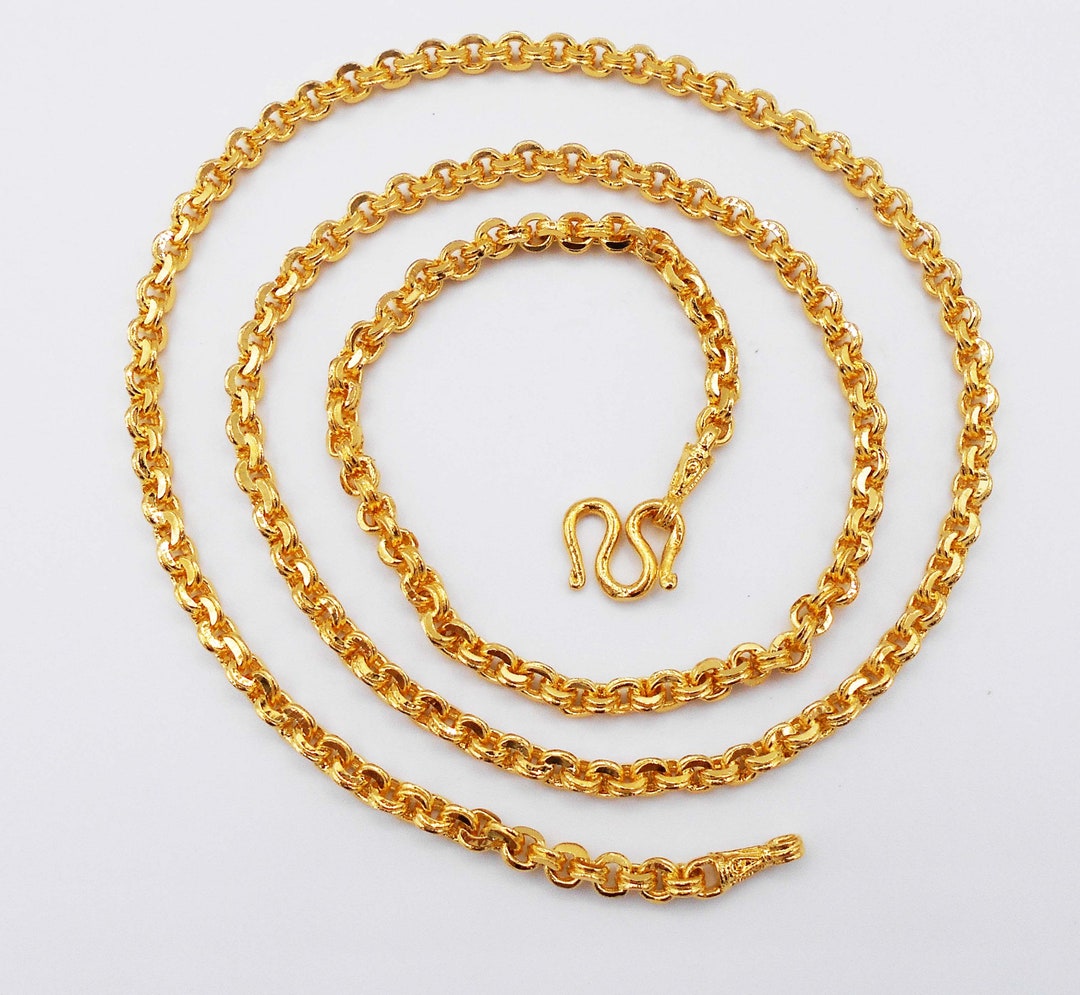Stunning 24k Gold Plated Thai Baht Chain Necklace, 44 Grams, 24 Inch, 4mm Thick