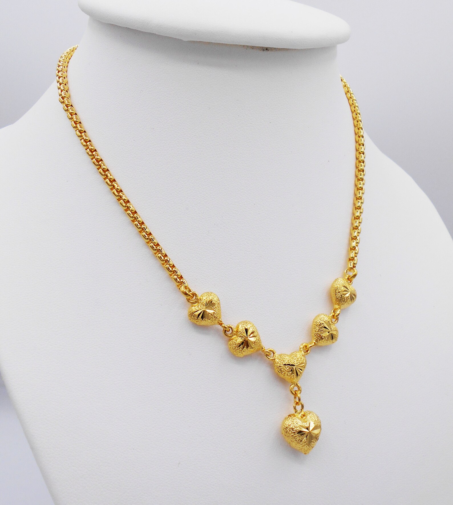 Hearts Charm Necklace 22K 23K 24K Thai Baht Yellow Gold Plated Etsy