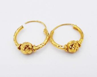 15 mm Hoops Bead Earrings  22K 23K 24K Thai Baht Yellow Gold Plated For Her Handmade Jewelry Women Girl From Thailand