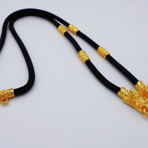 Dragon Rope Black Necklace & Gold Sukhothai Style Thai Baht Yellow Gold Plated 26 inch Jewelry For Amulet Pendant ,Men's, Women,Thailand