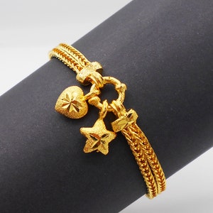 Heart Star Dangle 22K 23K 24K Thai Baht Yellow Gold Plated,Link Bracelets For Women ,Girl Jewelry 7 inches Handmade From Thailand