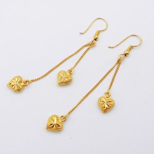 Heart Earrings Drop Dangle 22K 23K 24K Thai Baht Yellow Gold Plated For Her Handmade Jewelry Women, Girls From Thailand