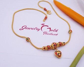Enamel Heart Pendant Necklace: 23K Gold Plated Thai Style, 18 inch ,Delivered Duty Paid