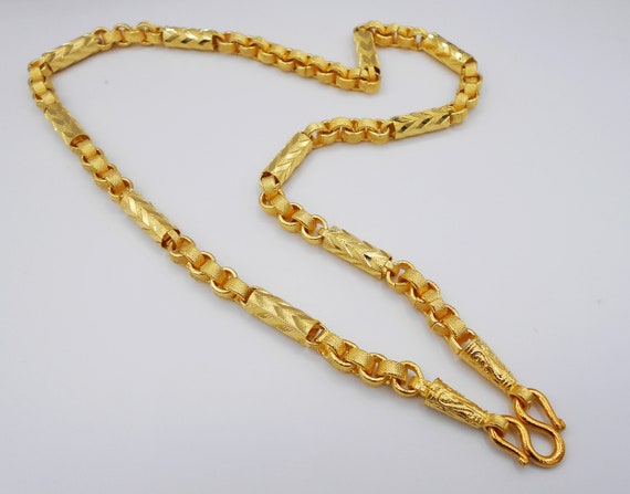 Chain 3 Hoops Amulets Thai Baht Yellow Gold Plated  Necklace 27” Mens Jewelry 