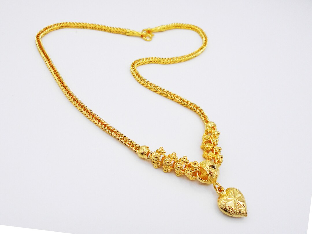 22K Thai Yellow Gold Plated Heart Necklace - 18 Inch Lobster Closure, Handmade Women's Pendant With Chain