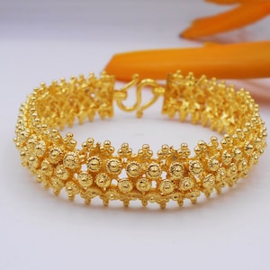 Thai Gold Flower Pikun Bangle Bracelet: 24K Gold Plated Handmade Jewelry