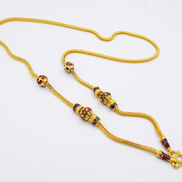 Bead Lai Thai Necklace  Enamel Sukhothai Style Thai Baht Yellow Gold Plated 24 inch 22K 23K 24K Jewelry
