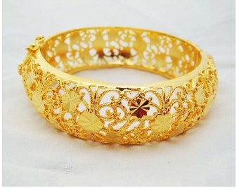 Thai Jewelry Engraved ,Carve Gold Bangle Bracelet 22K 24K Thai Baht Yellow Gold Plated Women Jewelry Handmade From Thailand