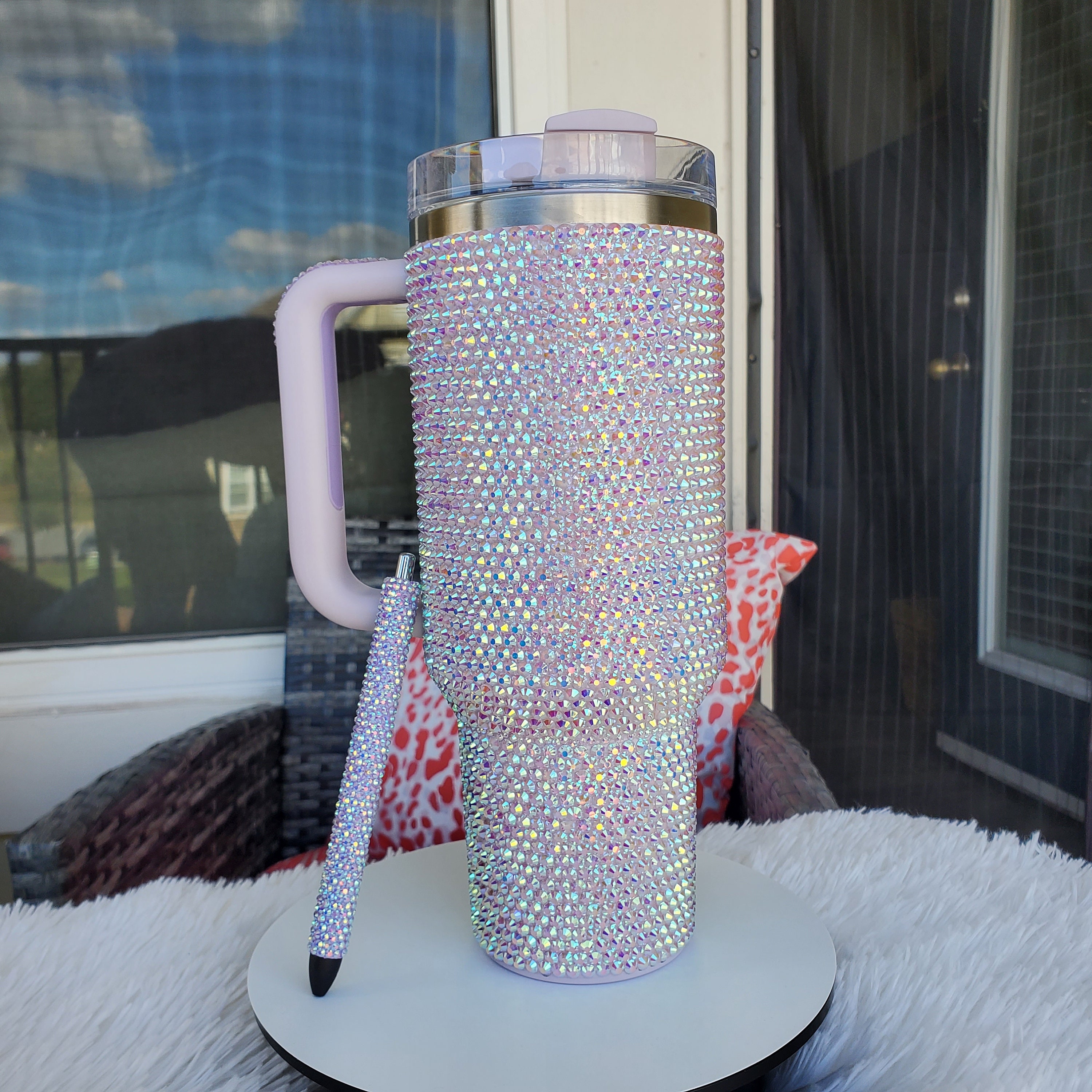 Bling Stanley tumbler - pool - baby blue - light blue premium rhinestones  40 oz cup with handle - HTF cup - free shipping! Tik Tok cup