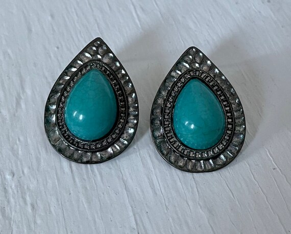 Vintage silver and turquoise teardrop earrings - image 2