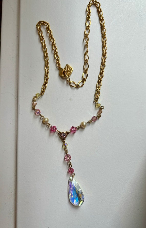 Vintage gold tone beaded pink and pearl lariat nec