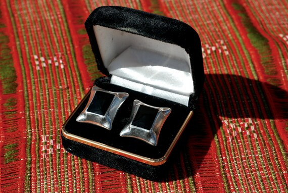 Vintage rectangular onyx and sterlings silver ear… - image 2