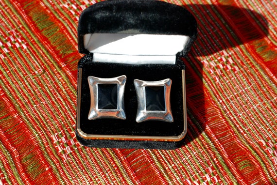 Vintage rectangular onyx and sterlings silver ear… - image 1