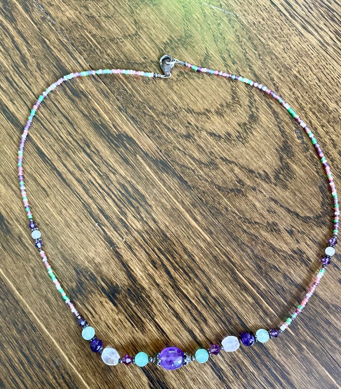 Vintage Purple, Green, Clear Stone Beaded Necklace