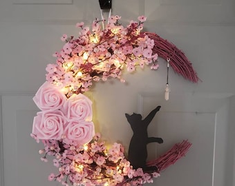 Pink Cat Moon Wreath, Pink Wall Decor, Cherry Blossom Wreath, Birthday Gift, Pink Rose Wreath, 14&quot;